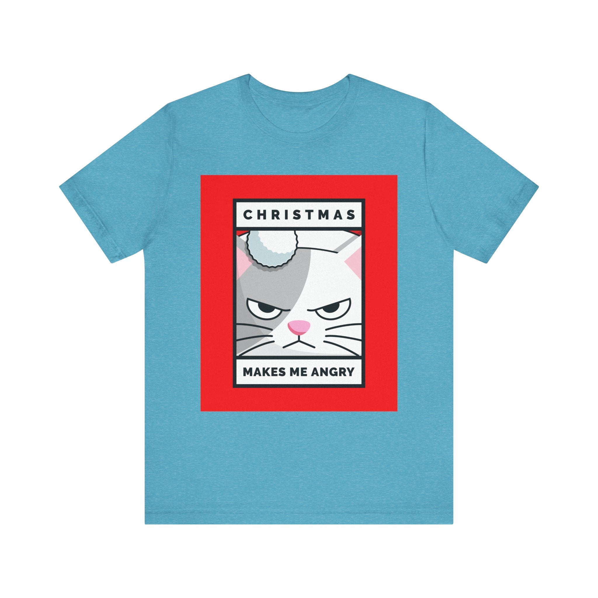 Blue t-shirt with a graphic of a cat and text on a white background