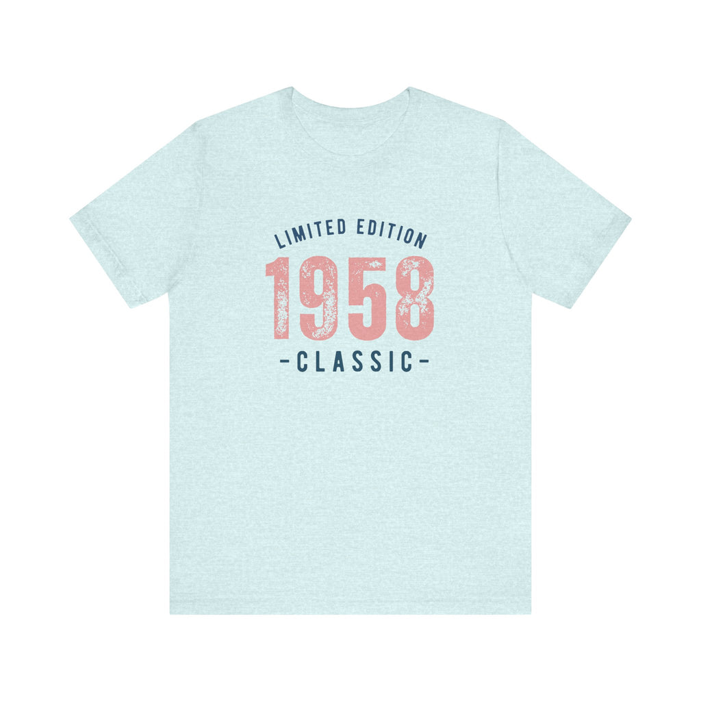 Ice blue heather t-shirt with a 'Limited Edition 1958 Classic' graphic in navy and coral, on a white background