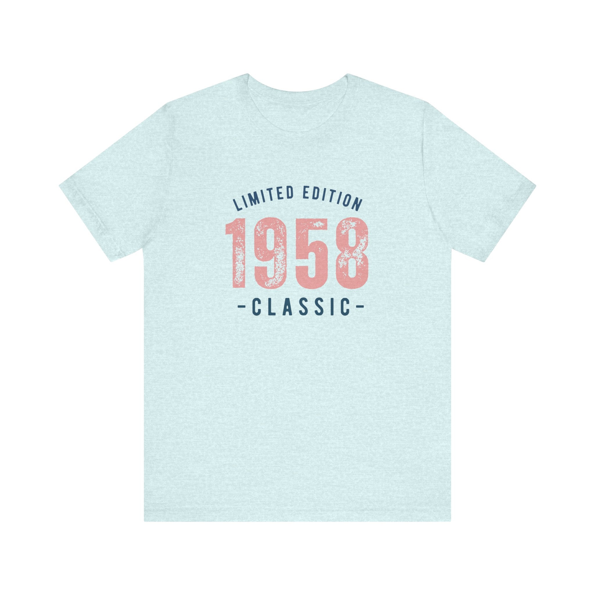 Ice blue heather t-shirt with a 'Limited Edition 1958 Classic' graphic in navy and coral, on a white background