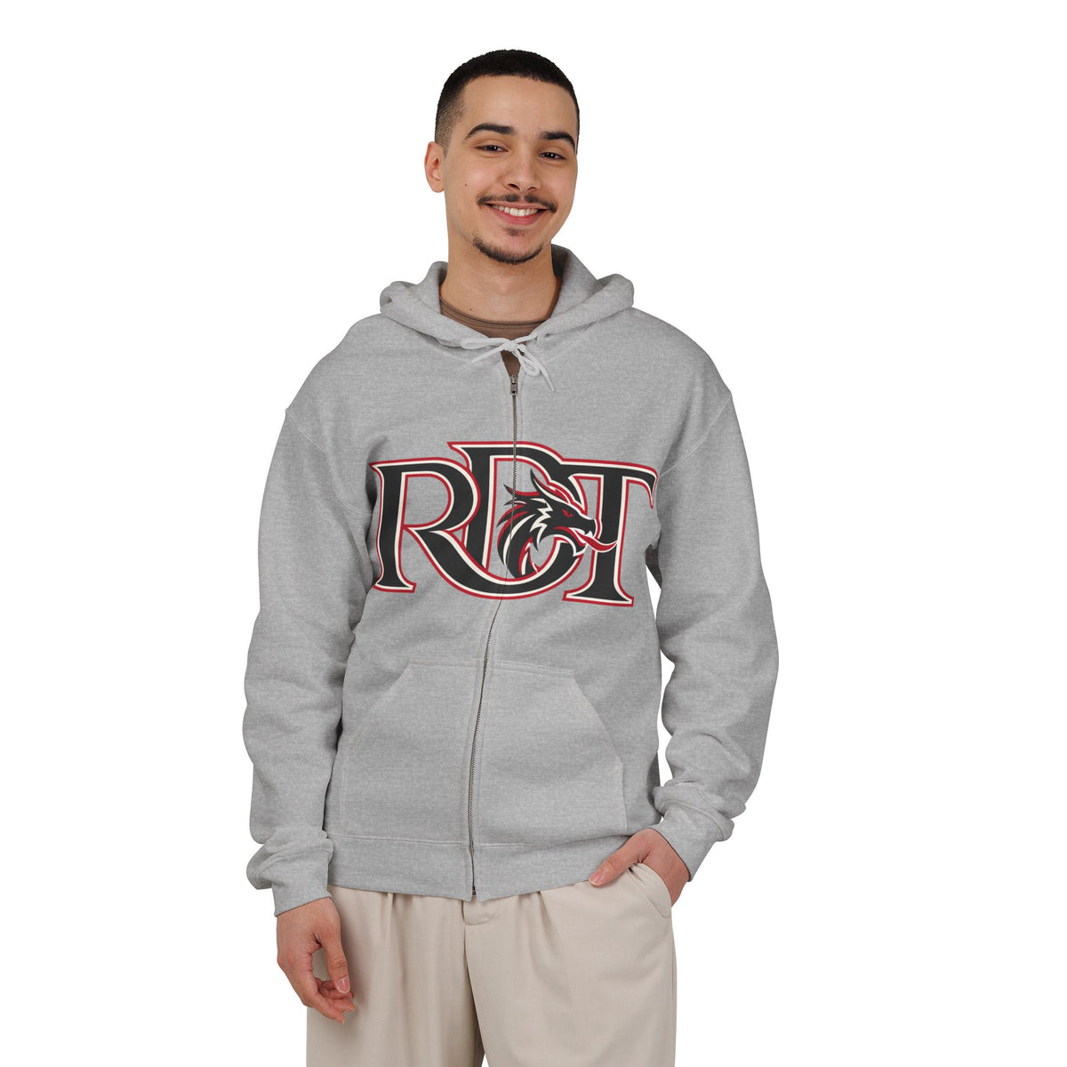 Red Dragon Zip Hoodie — Red Logo Full‑Zip Hooded Sweatshirt