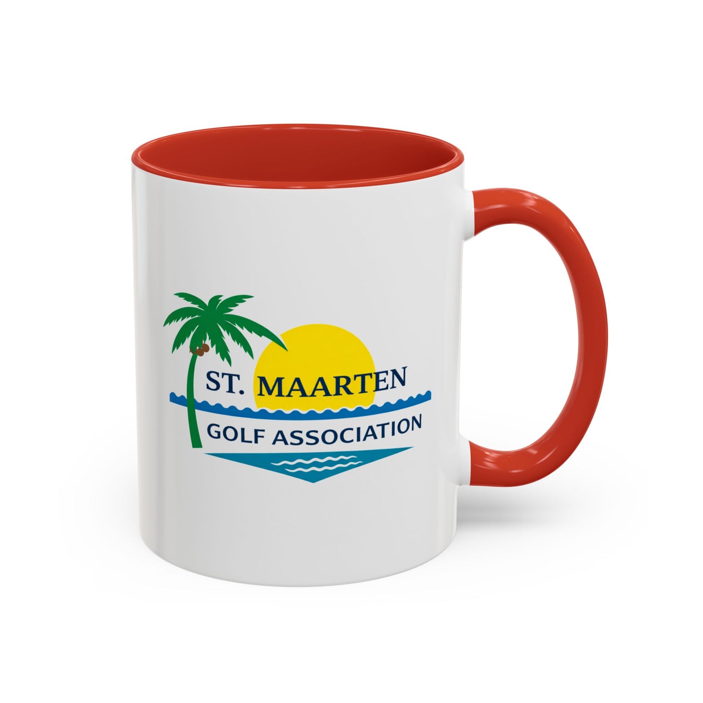 White mug with red interior and handle featuring St. Maarten Golf Association logo.