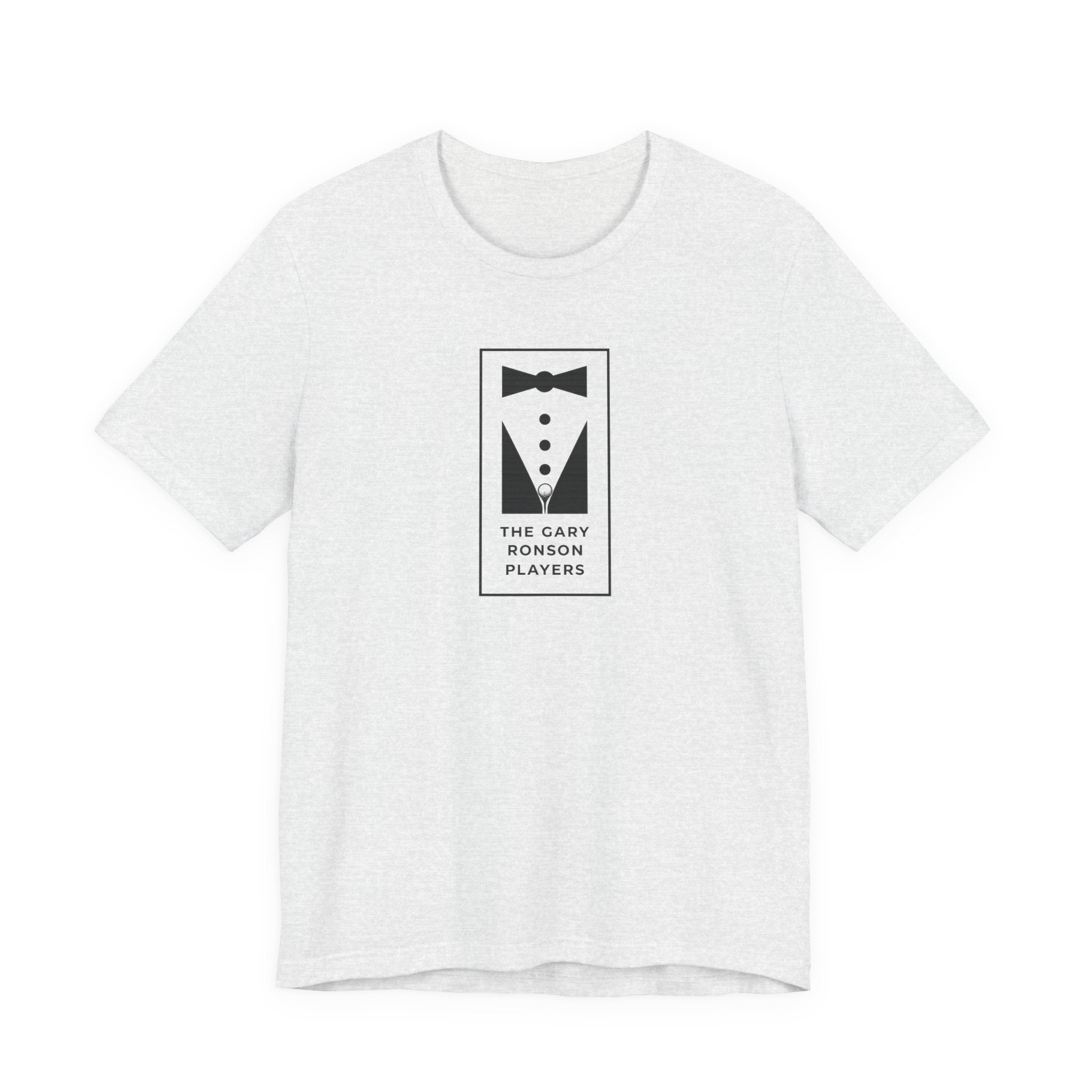 Ash gray t-shirt with a black-and-white tuxedo graphic and 'The Gary Ronson Players' text in a rectangle, on a white background