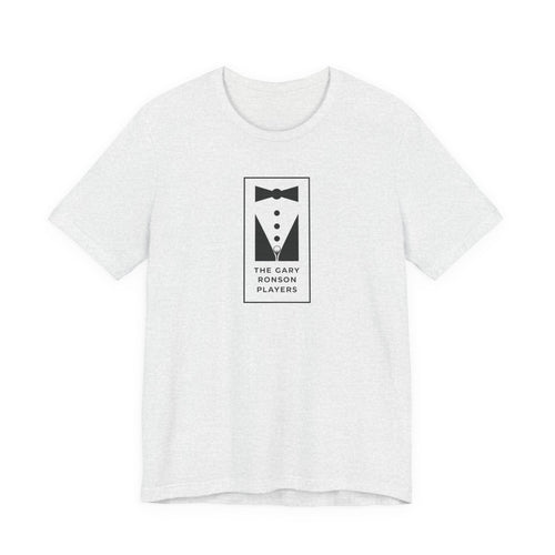 Ash gray t-shirt with a black-and-white tuxedo graphic and 'The Gary Ronson Players' text in a rectangle, on a white background