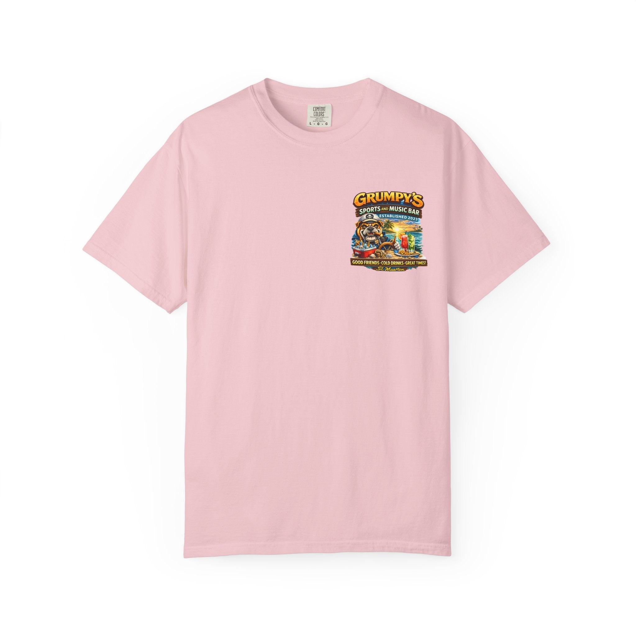 Pink t-shirt with a colorful logo on a white background