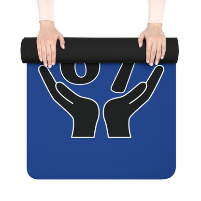 Blue yoga mat with black hand symbols held by a person on a white background