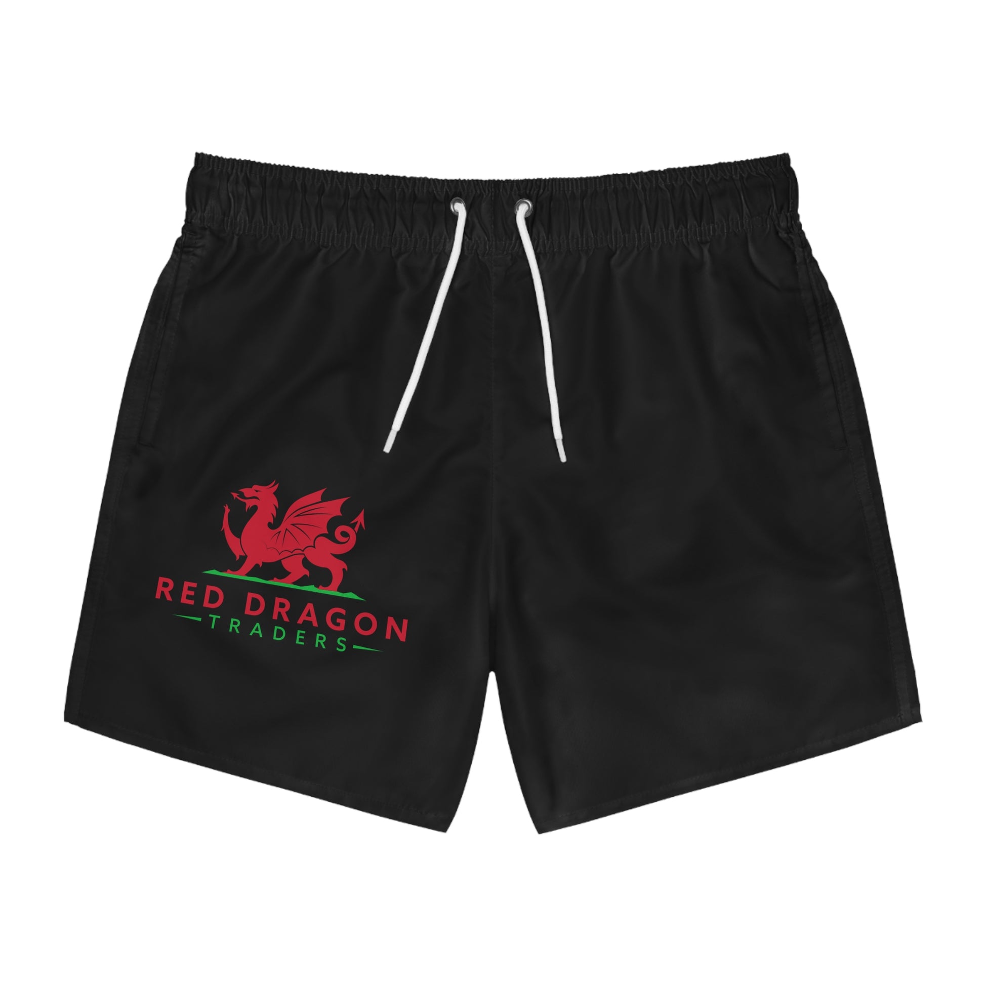 Black shorts with Red Dragon Traders logo on a white background