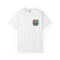 White t-shirt with a small Grumpy's Dive Shack bulldog diver logo on the left chest, on a white background