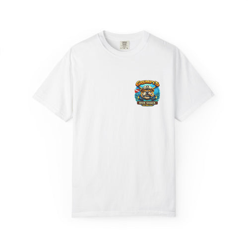 White t-shirt with a small Grumpy's Dive Shack bulldog diver logo on the left chest, on a white background