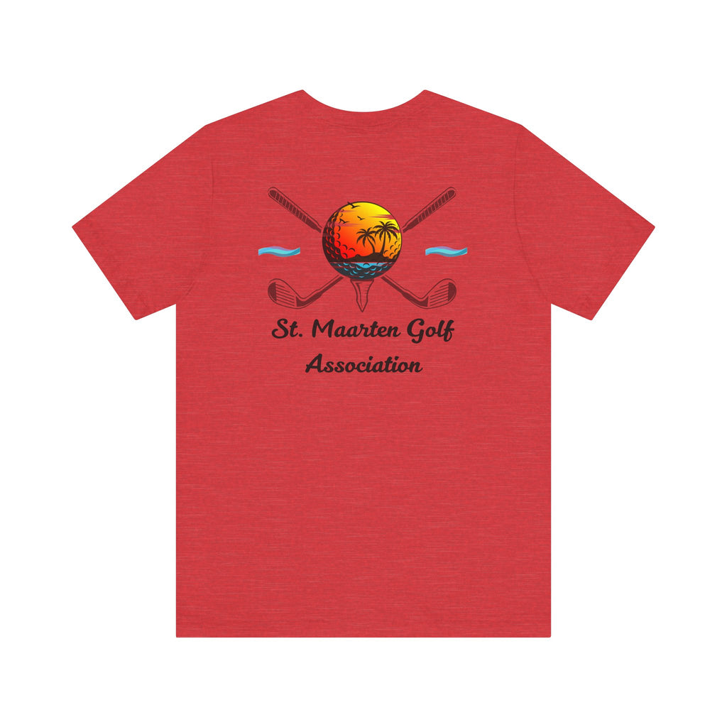 Heather Red Sint Maarten Golf Association Tee – Island Sunset, t-shirt product image 16, size L.