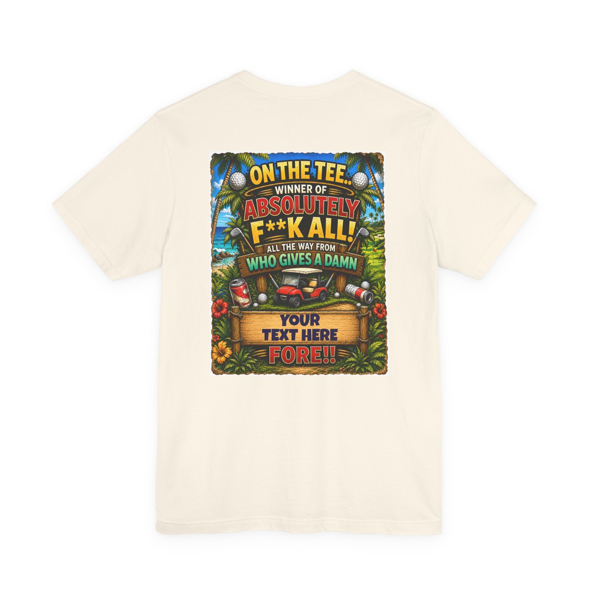 Beige t-shirt with a colorful graphic and text on the back, featuring a golf theme.