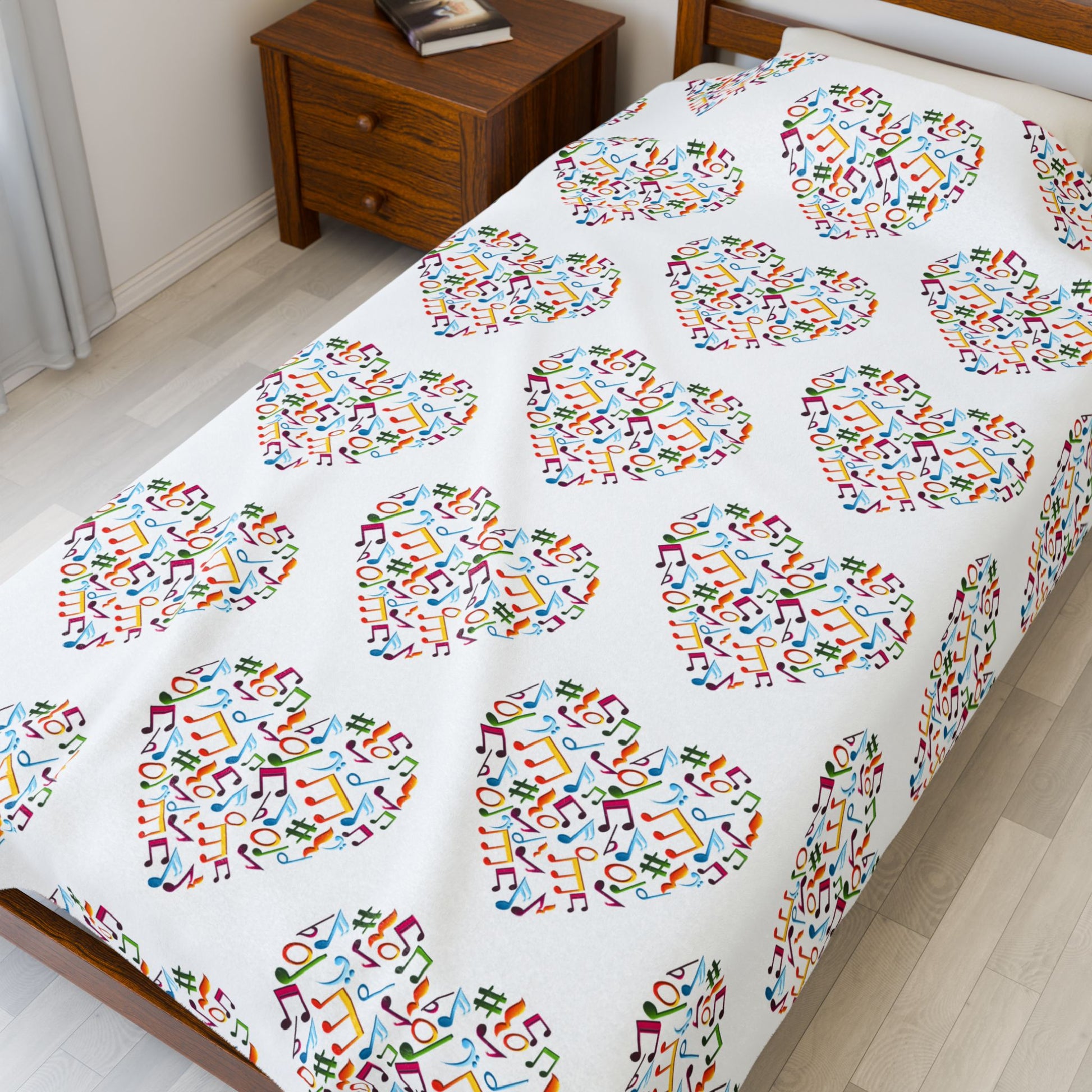Hearts blanket with bright multicolor music symbols