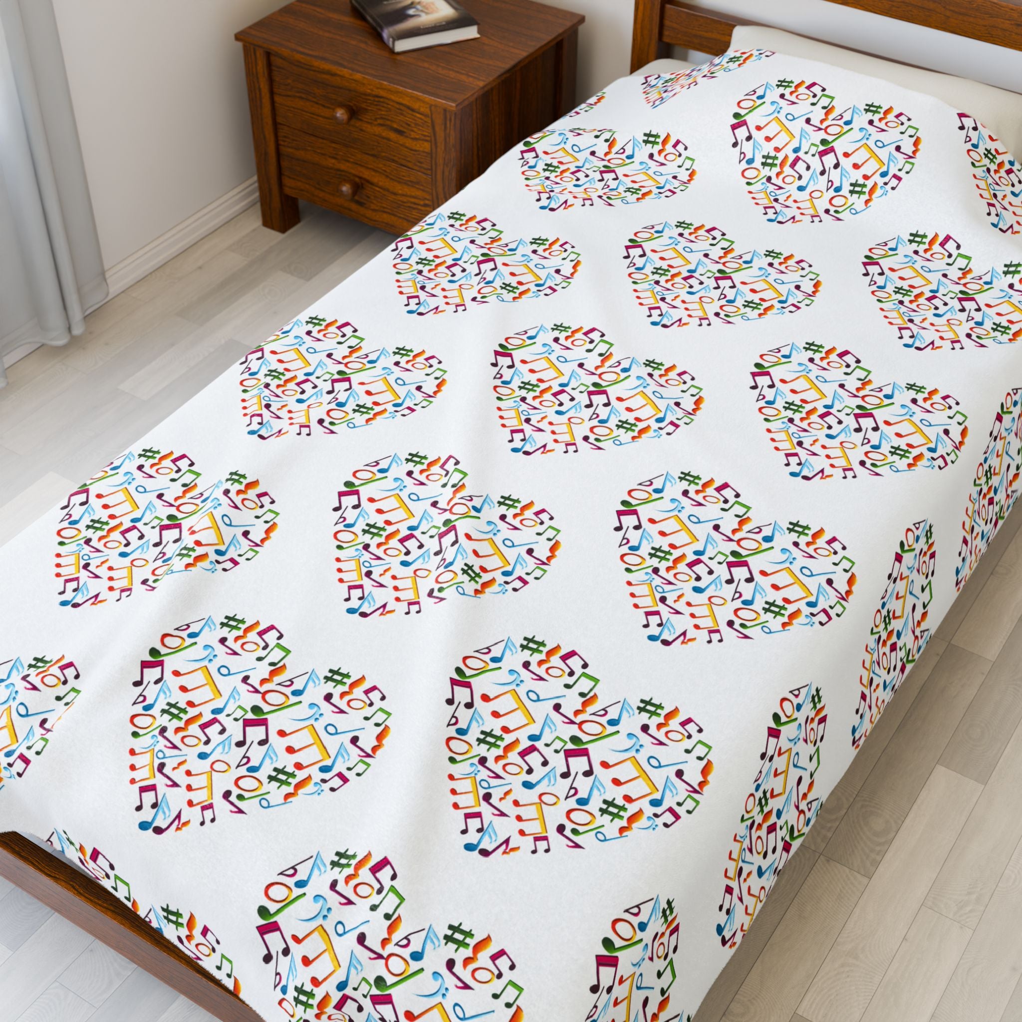Hearts blanket with bright multicolor music symbols