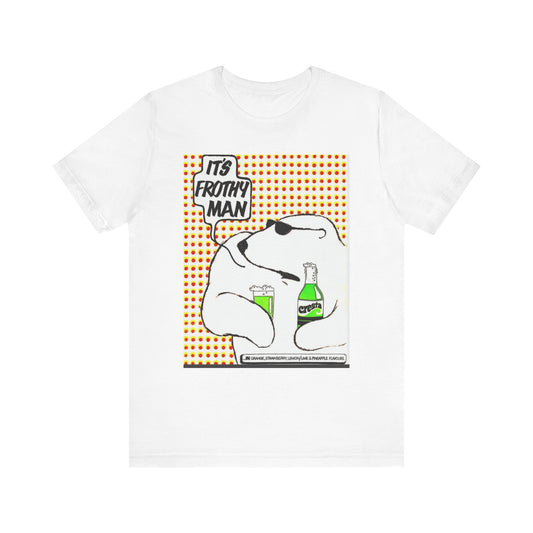 White t-shirt with a graphic of a dog holding a bottle and text 'It's Frothy Man' on a white background