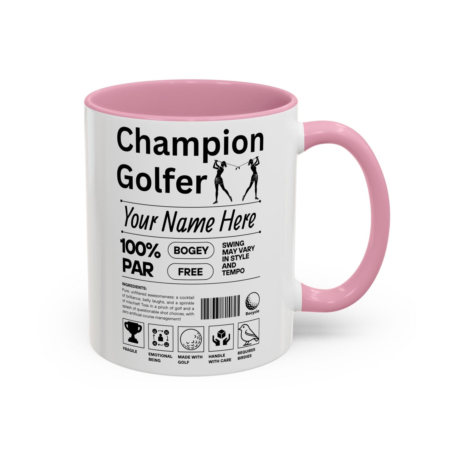 Mug with 'Champion Golfer' design and customizable text on a white background and pink mug. 
