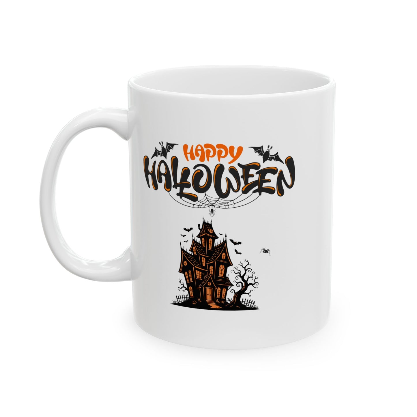 White mug with 'Happy Halloween' design featuring a haunted house and bats on a white background
