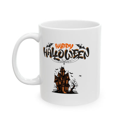 White mug with 'Happy Halloween' design featuring a haunted house and bats on a white background