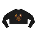 Black long-sleeve crop top with 'Thankful for Carbs' text and food graphics on a white background