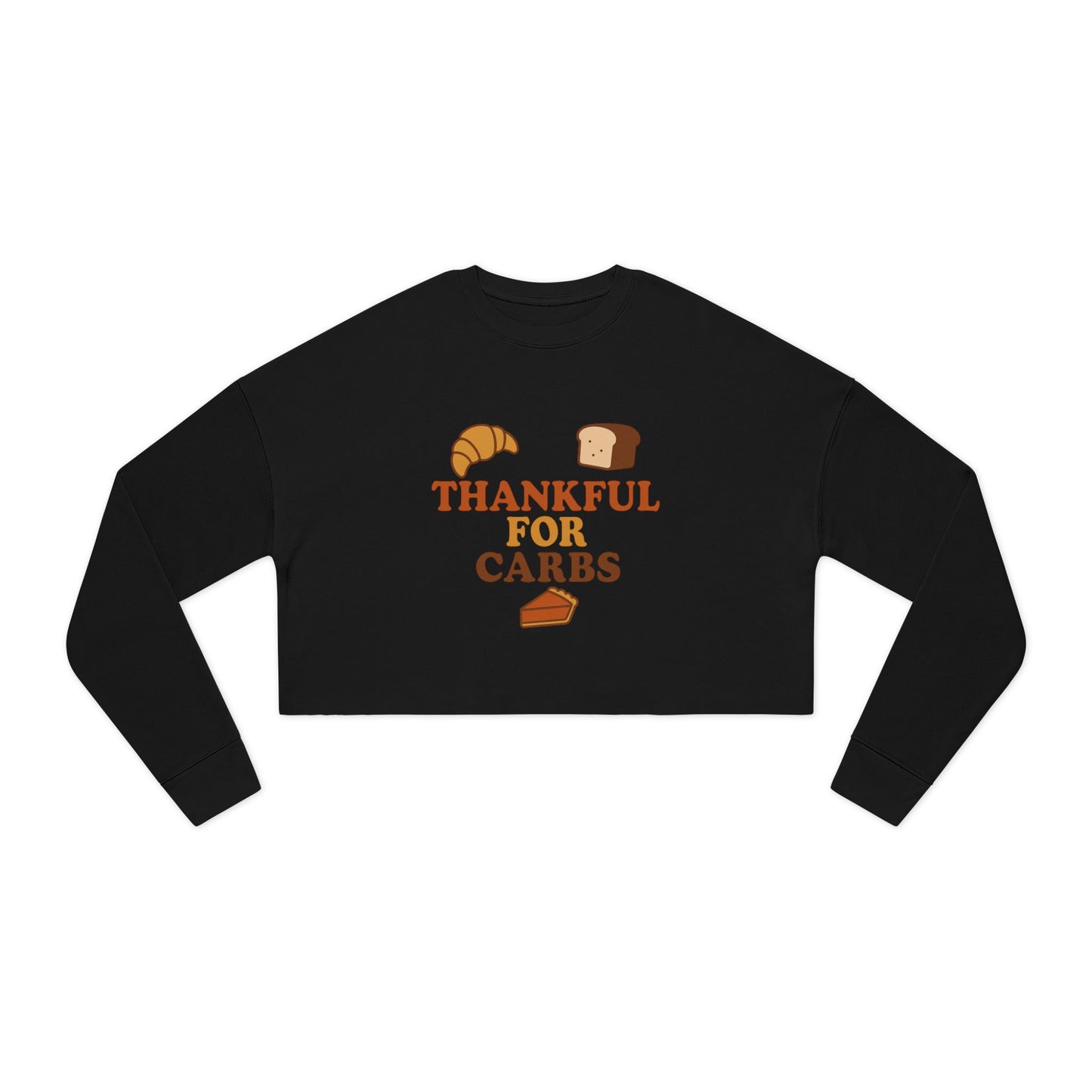 Black long-sleeve crop top with 'Thankful for Carbs' text and food graphics on a white background
