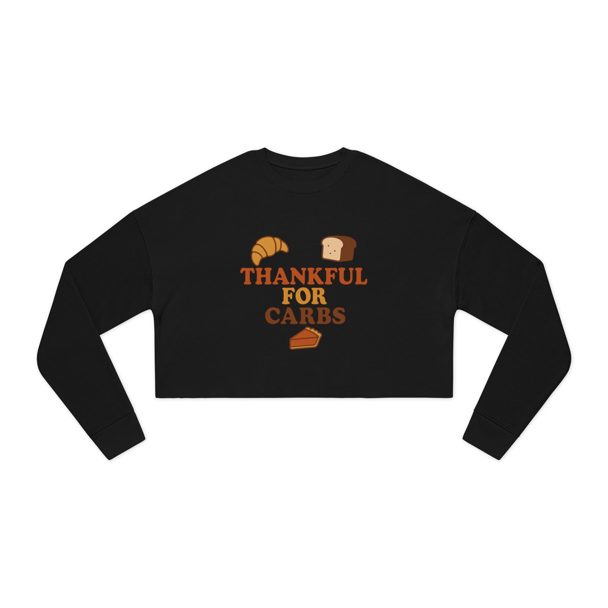 Black long-sleeve crop top with 'Thankful for Carbs' text and food graphics on a white background