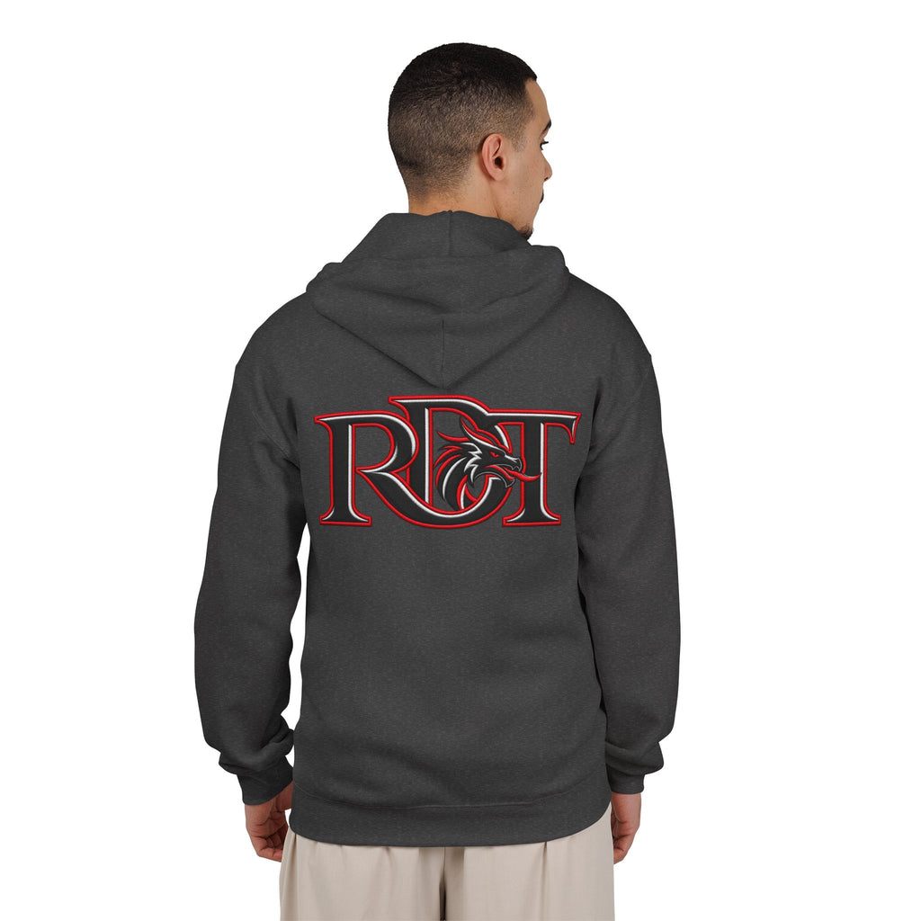 Riot Dragon Zip Hoodie — Red Logo Full‑Zip Hooded Sweatshirt