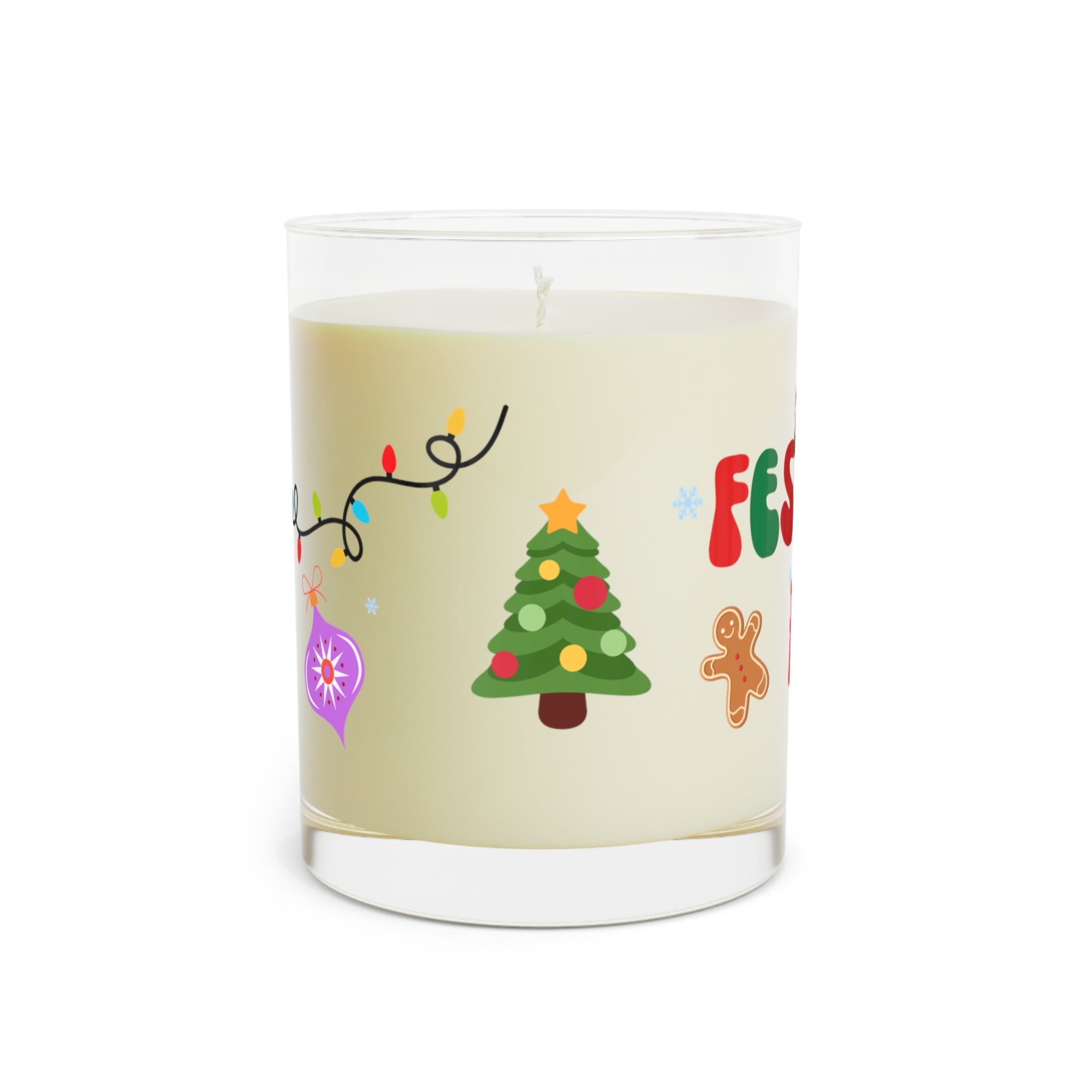 Candle with festive design on a beige background