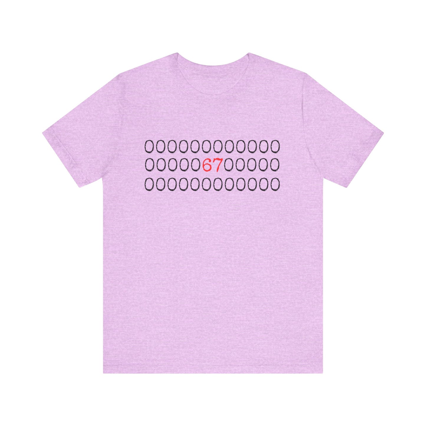 Light purple t-shirt with a pattern of red '67' on a white background
