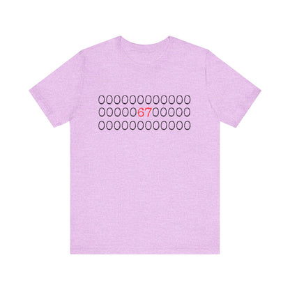 Light purple t-shirt with a pattern of red '67' on a white background