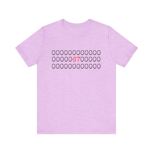 Light purple t-shirt with a pattern of red '67' on a white background