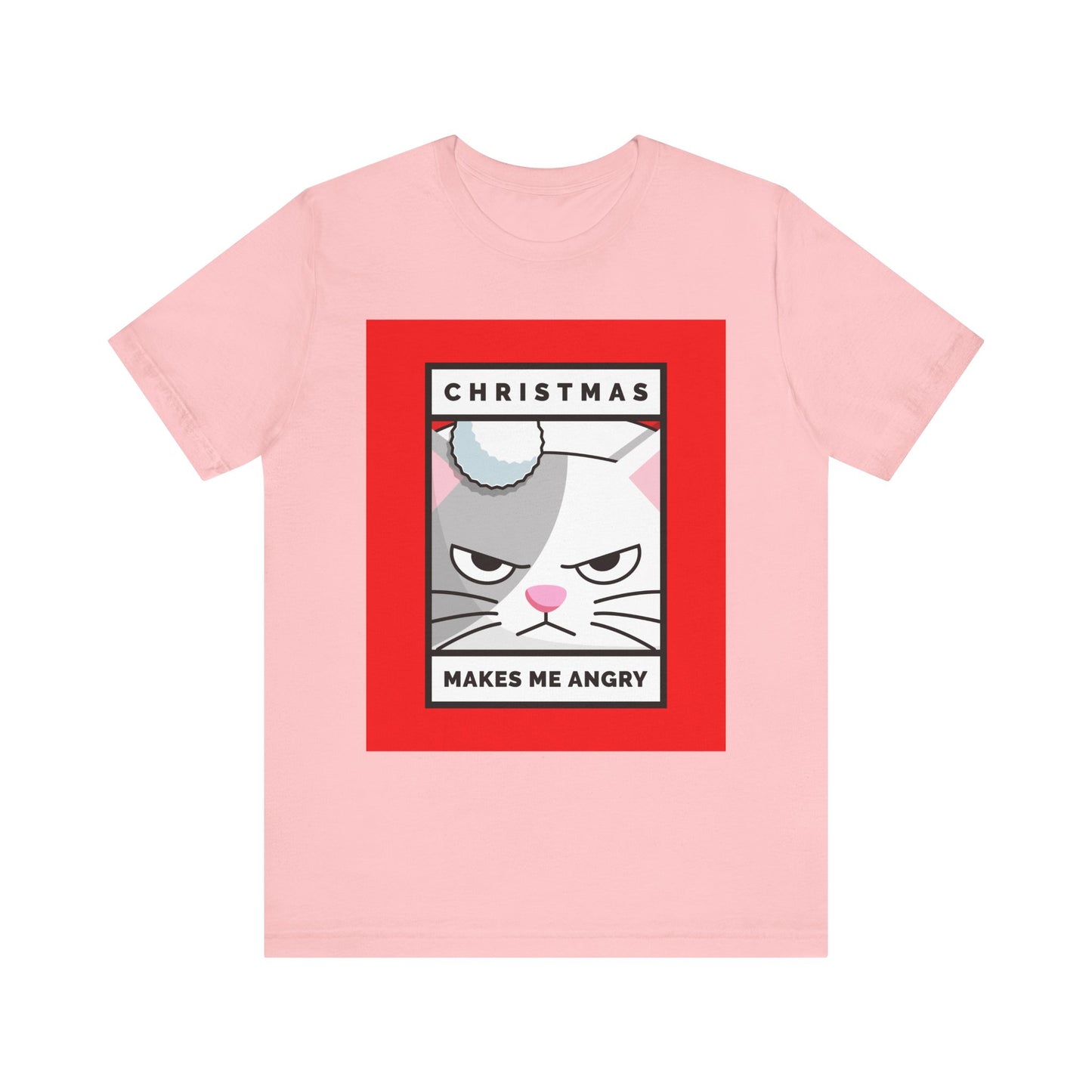 Pink t-shirt with a graphic of an angry cat and text on a white background
