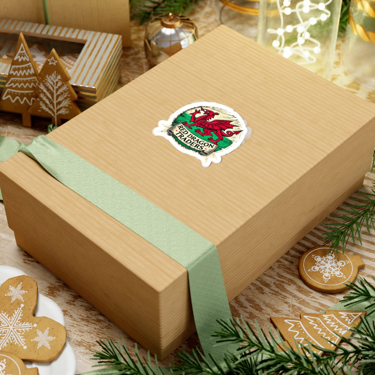 Gift box with a green ribbon and a logo on a festive background with cookies and decorations.