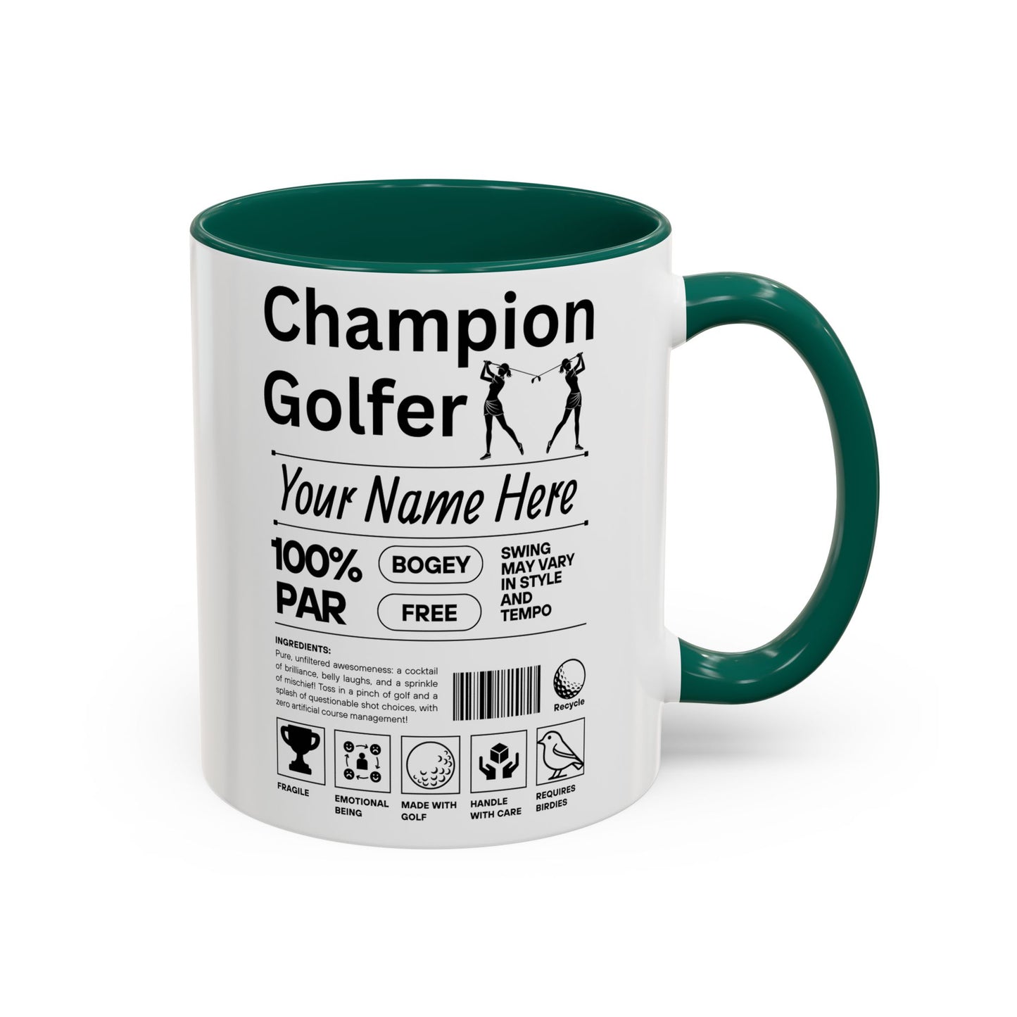 Mug with 'Champion Golfer' design on a white background and green mug.