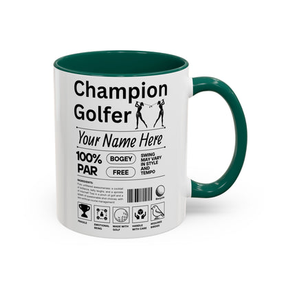 Mug with 'Champion Golfer' design on a white background and green mug.