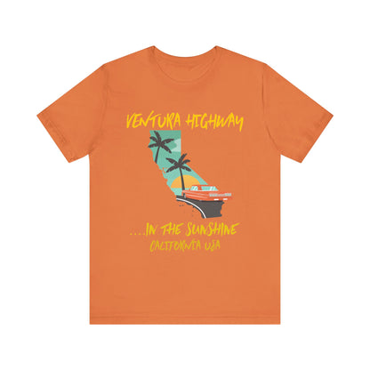 Orange t-shirt with a graphic design of California and text on a white background
