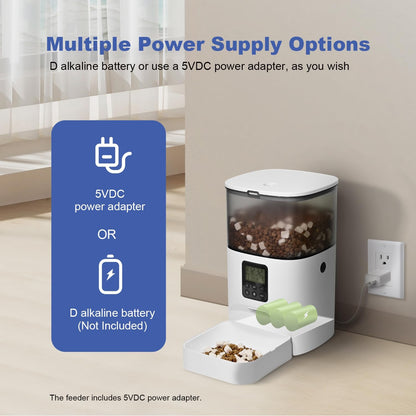 Pet feeder with power adapter and battery options on a neutral background