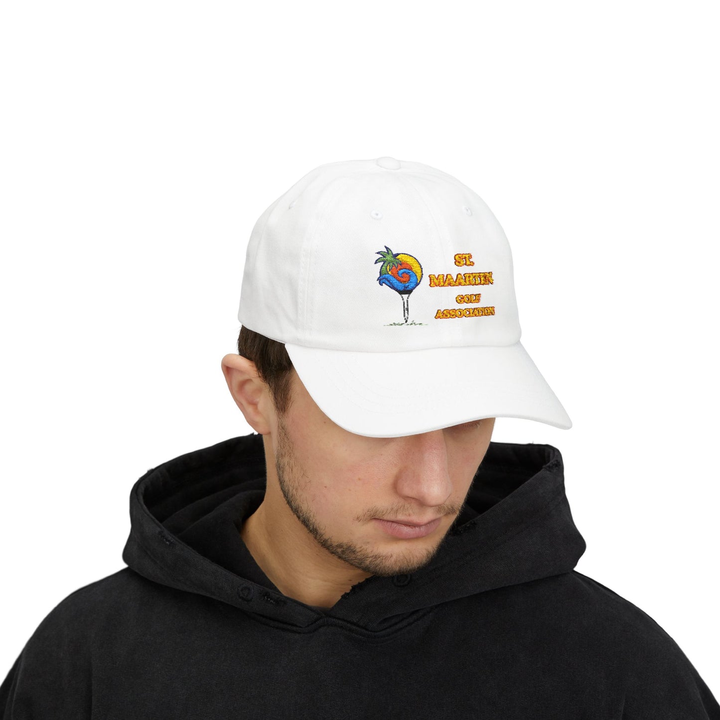 Person wearing a white cap with a colorful logo and text on a white background