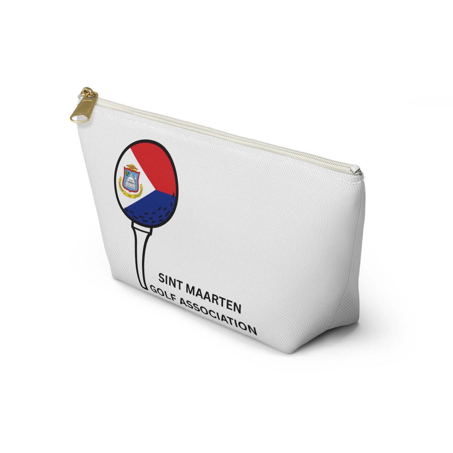 White pouch with Sint Maarten Golf Association logo on a white background