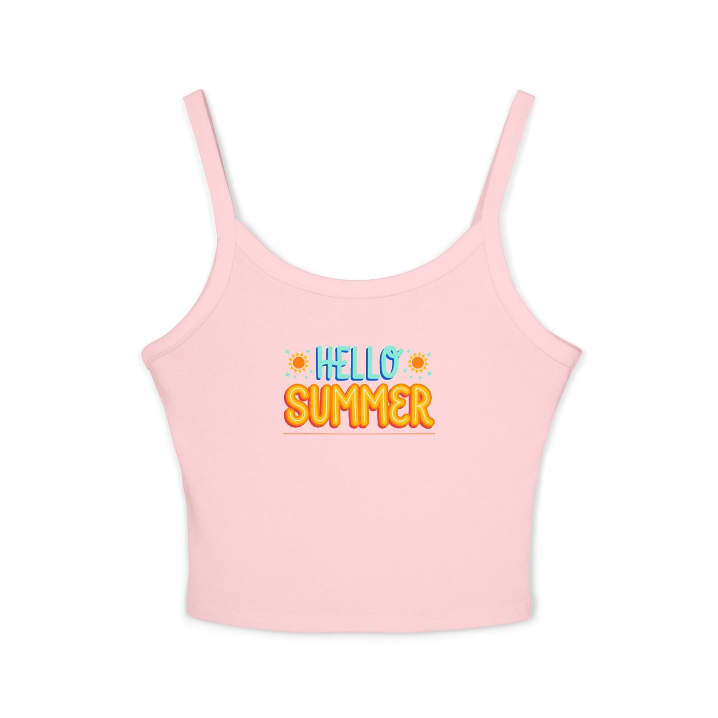 Pink tank top with 'Hello Summer' text on a white background