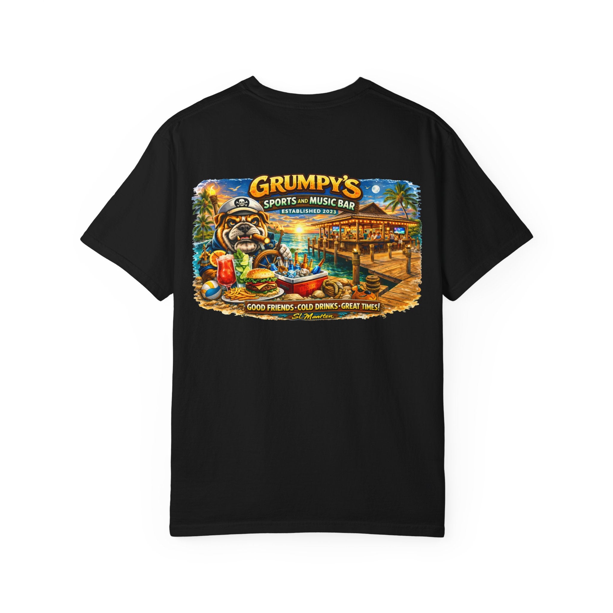 Black t-shirt with a colorful graphic of Grumpy's Sports and Music Bar on a white background