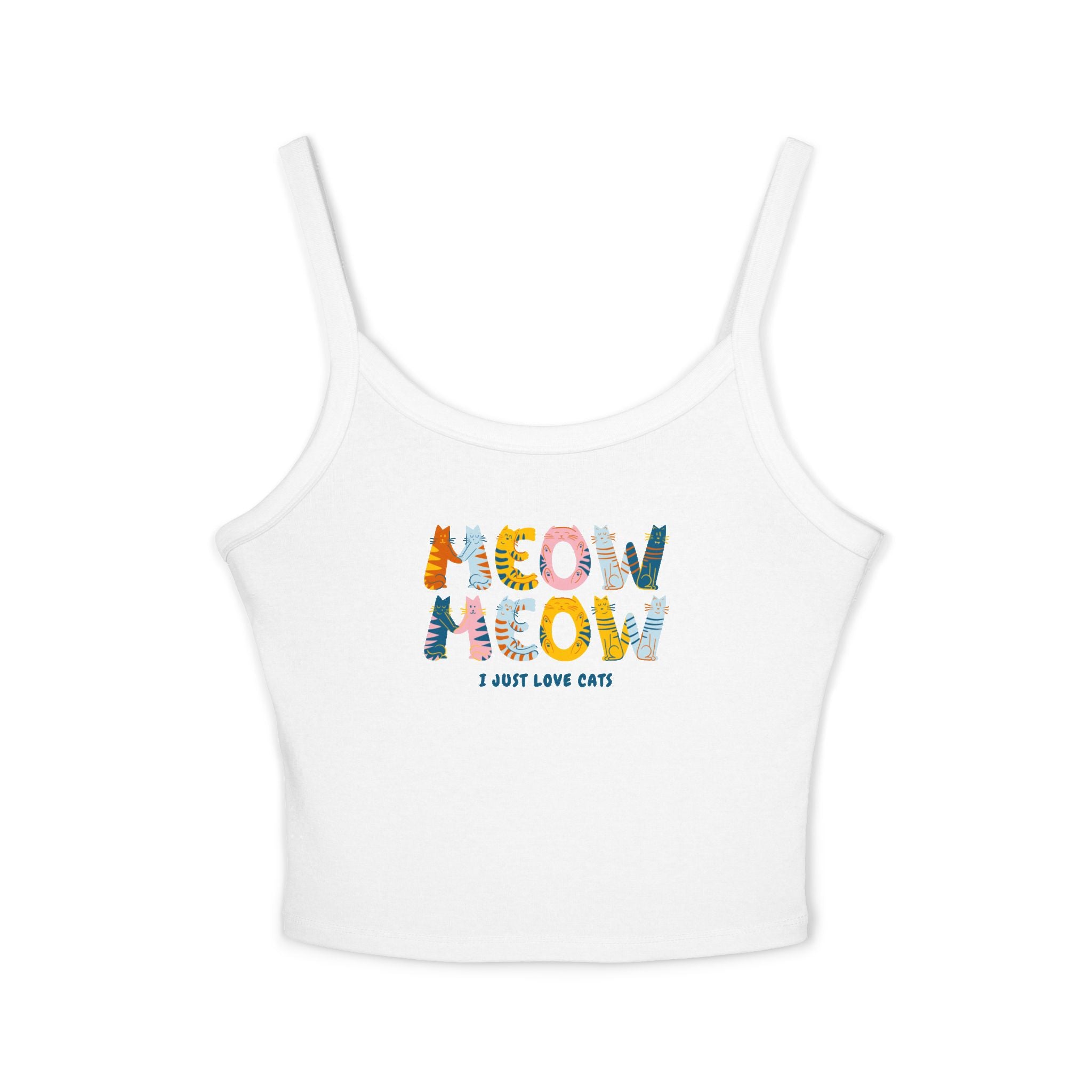 White tank top with colorful 'MEOW MEOW I JUST LOVE CATS' text on a white background