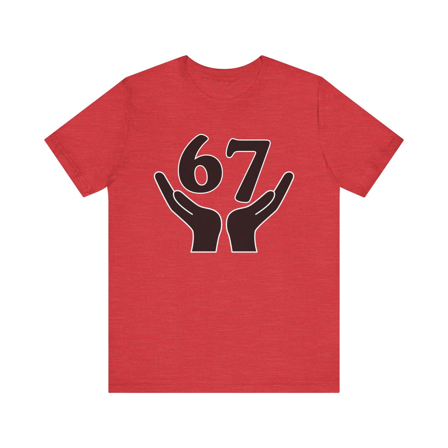 Red t-shirt with black hands holding the number 67 design on a white background