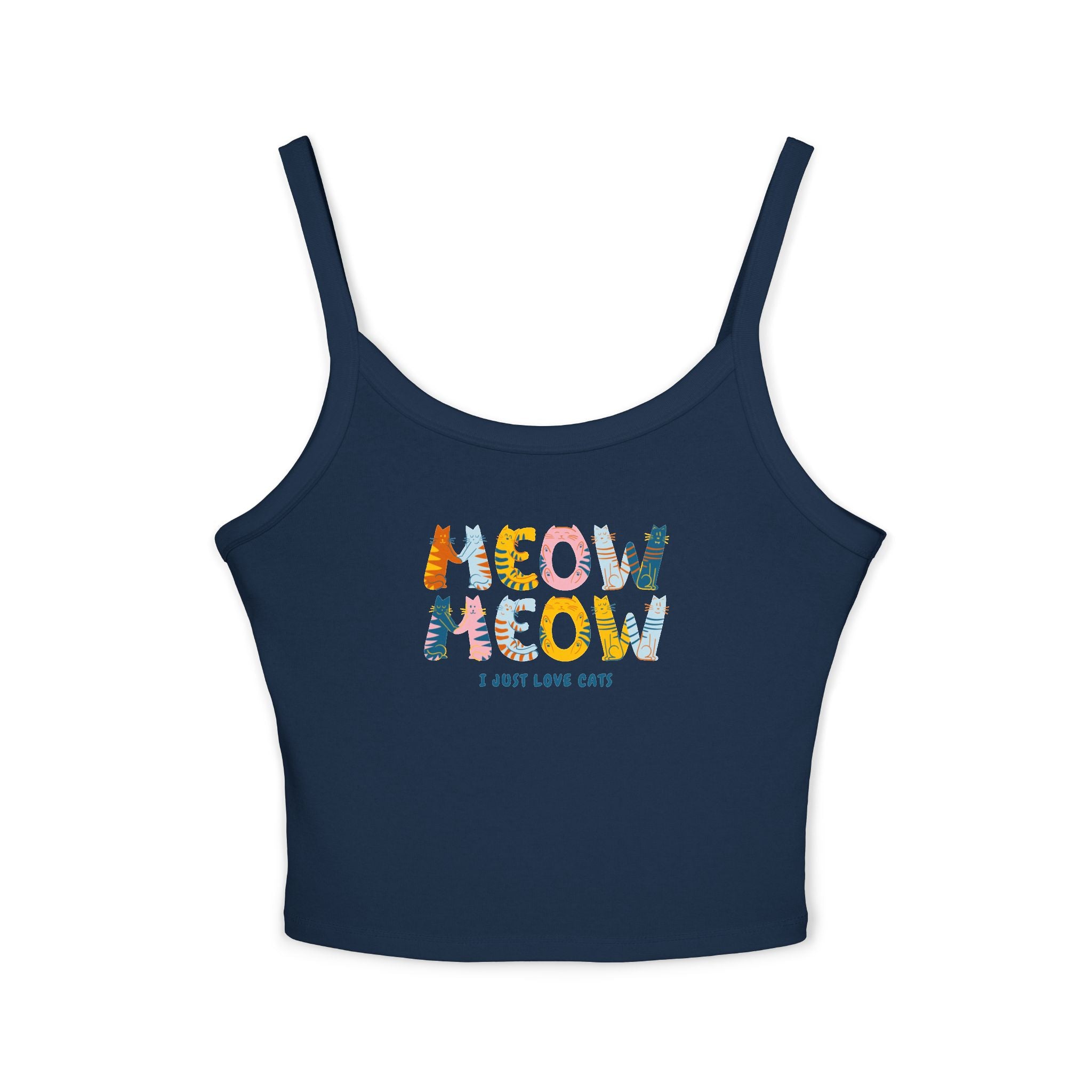 Navy blue tank top with colorful 'MEOW' text on a white background