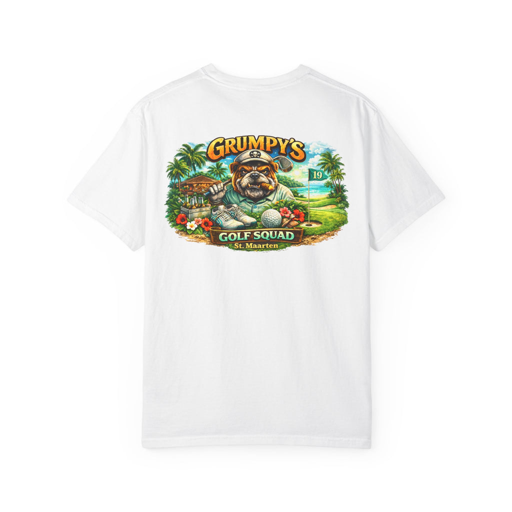 White t-shirt with a large colorful Grumpy's Golf Squad bulldog graphic printed on the back, on a white background.