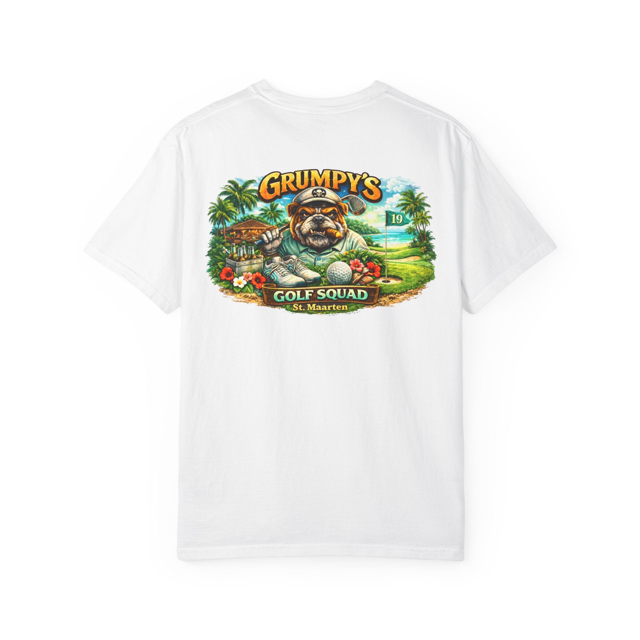 White t-shirt with a large colorful Grumpy's Golf Squad bulldog graphic printed on the back, on a white background.