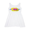 White sleeveless skater dress with a watercolor Conscious Clothing logo in yellow, pink, and blue across the chest, on a white background.