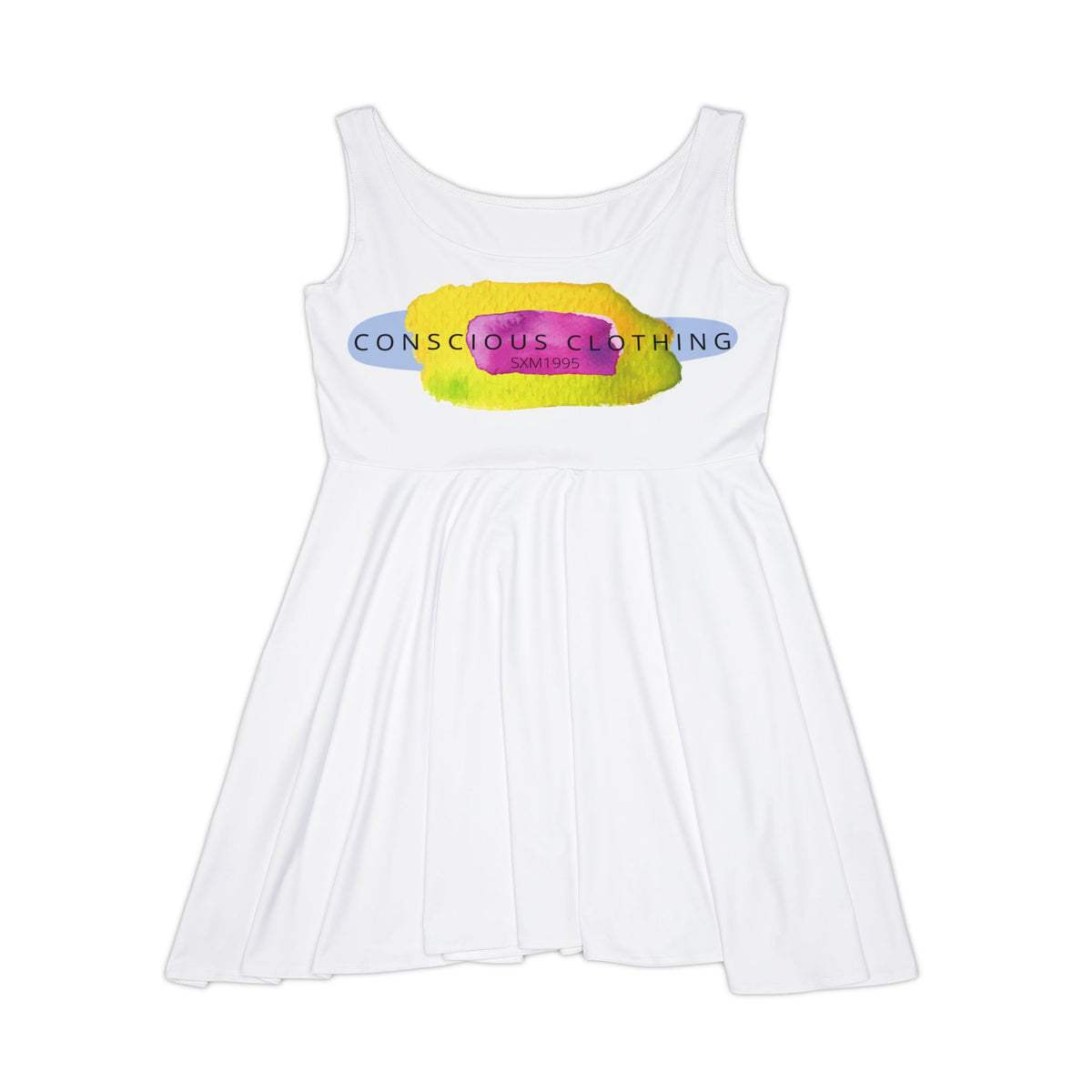 White sleeveless skater dress with a watercolor Conscious Clothing logo in yellow, pink, and blue across the chest, on a white background.