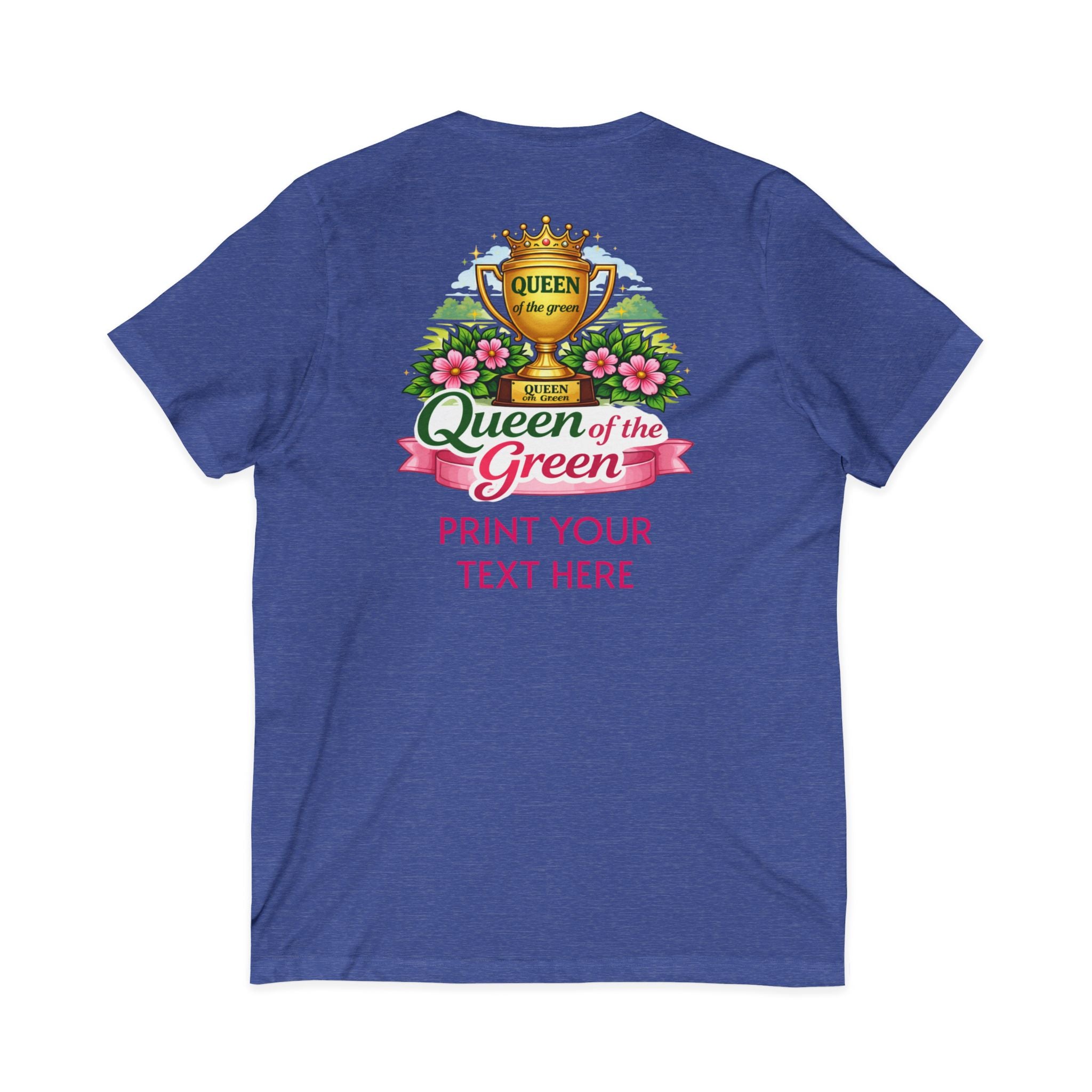 Blue t-shirt with 'Queen of the Green' graphic design on a white background