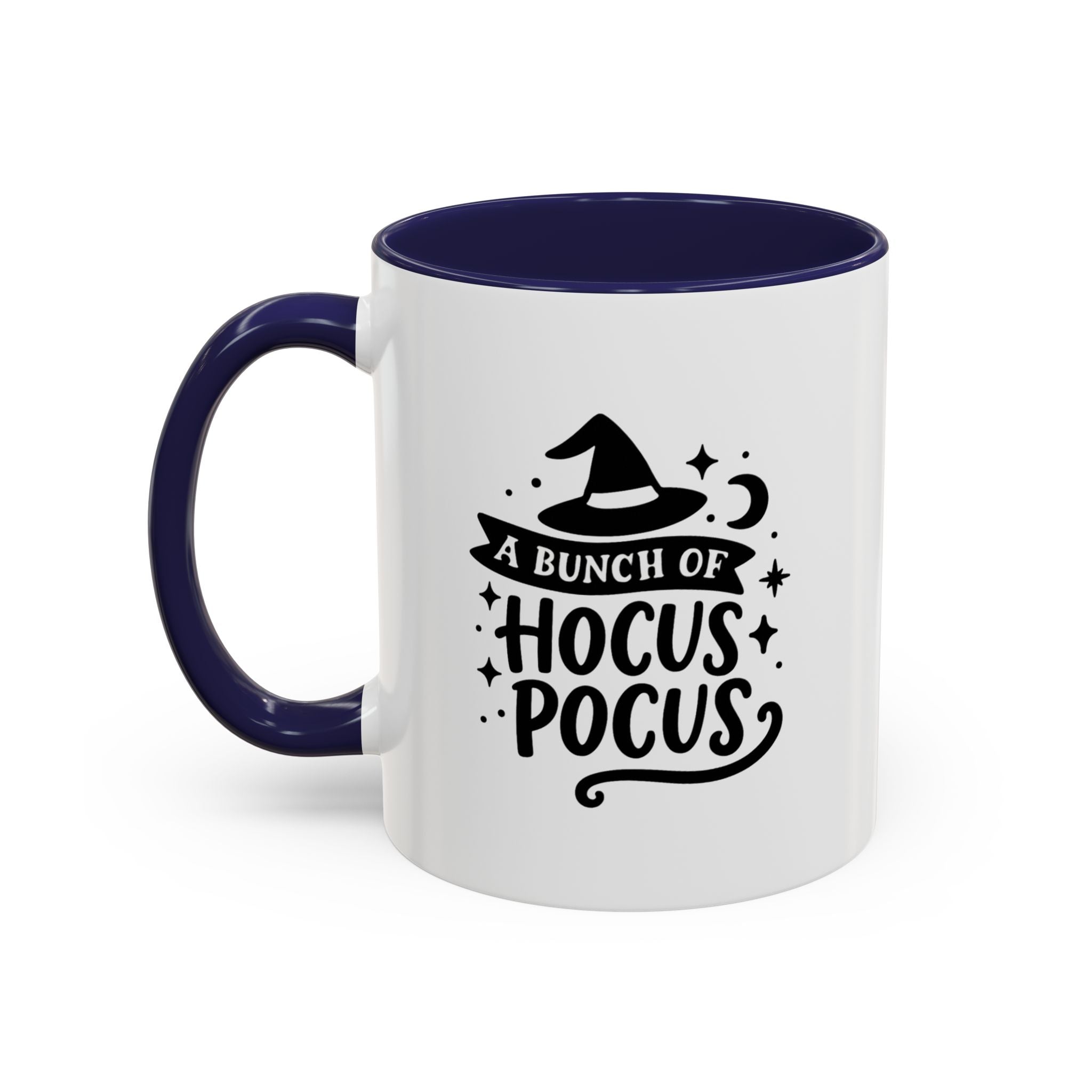 White two-tone coffee mug with a navy handle and interior and a black 'A Bunch of Hocus Pocus' witch-hat design, on a white background