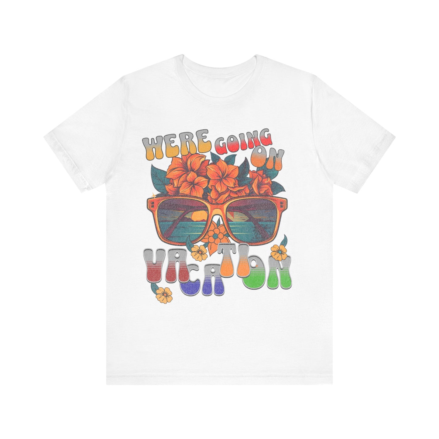White t-shirt with colorful graphic design featuring sunglasses and text on a white background