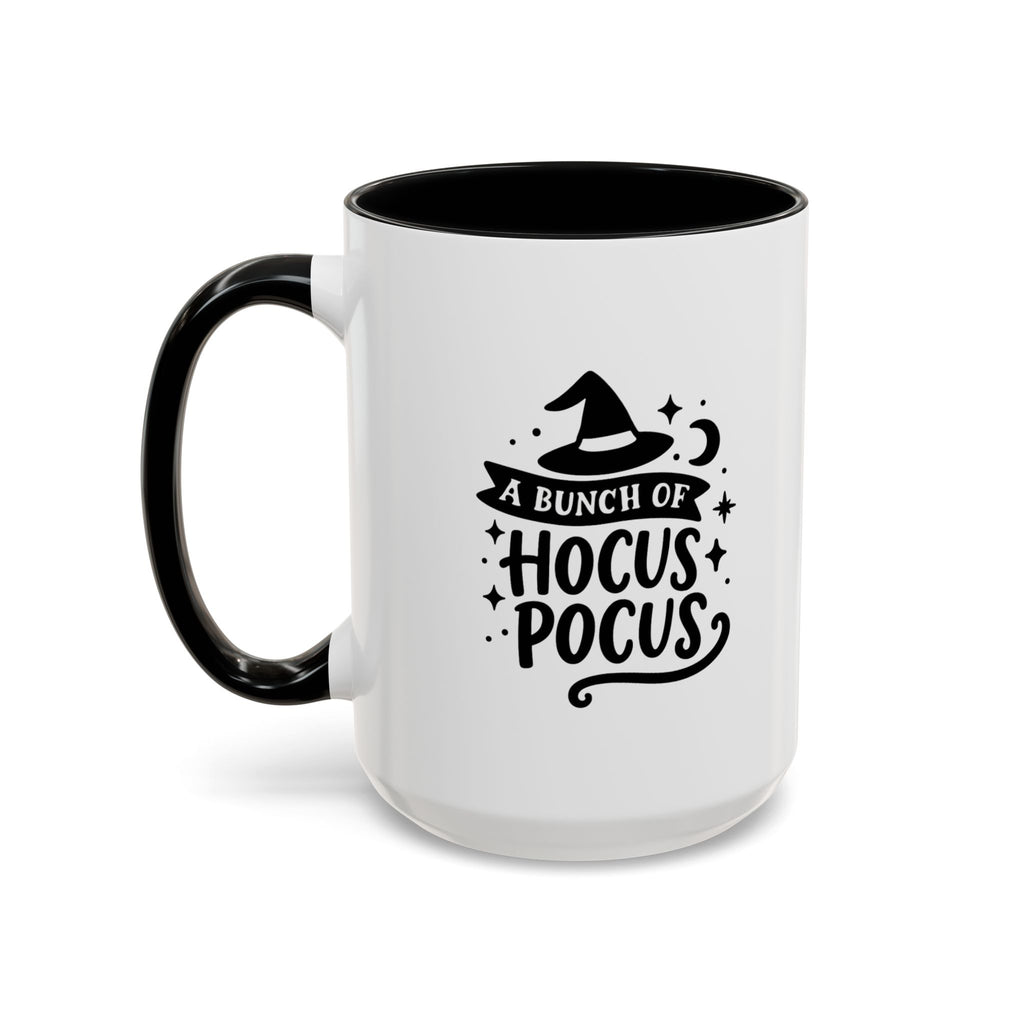 White two-tone coffee mug with a black handle and interior and a black 'A Bunch of Hocus Pocus' witch-hat design, on a white background
