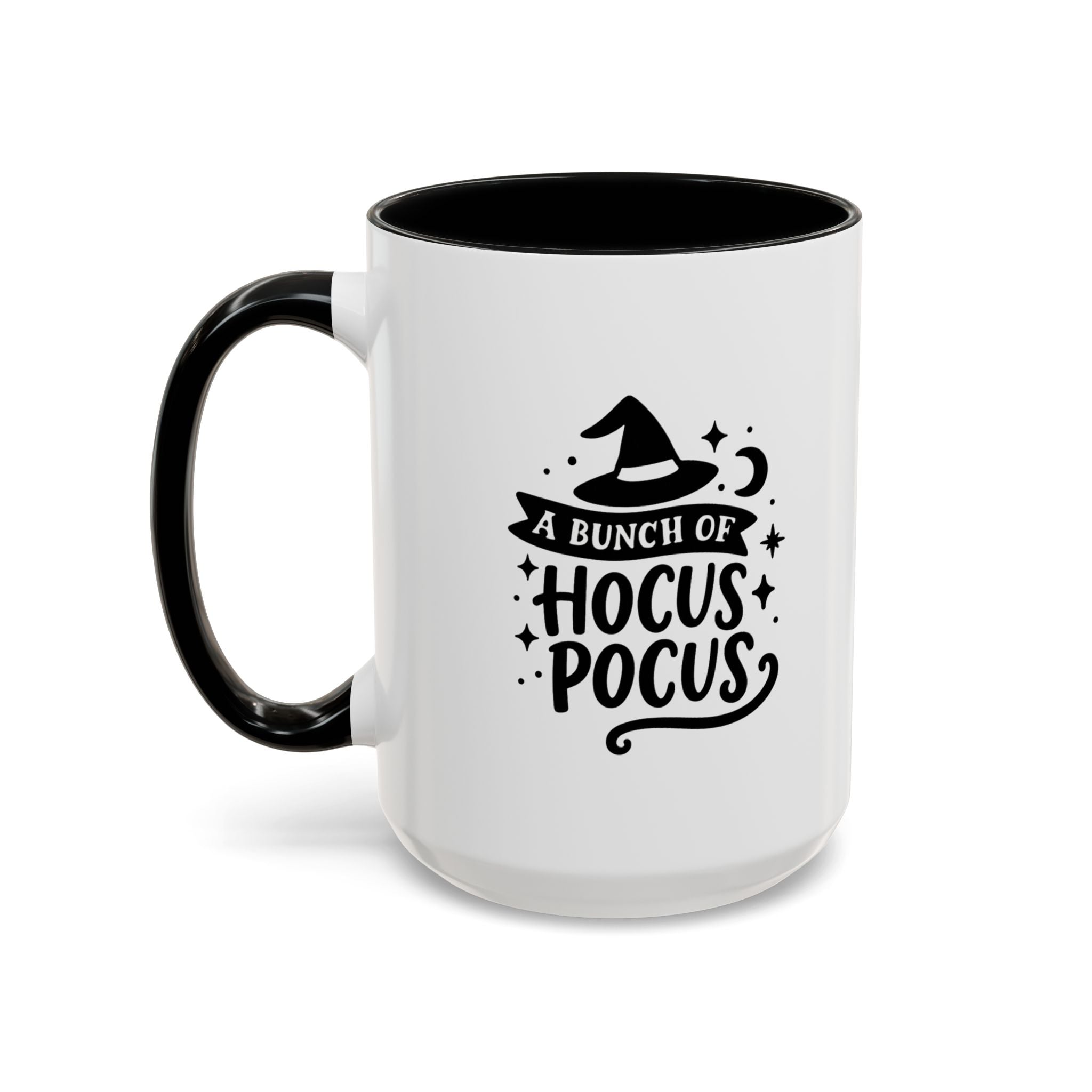 White two-tone coffee mug with a black handle and interior and a black 'A Bunch of Hocus Pocus' witch-hat design, on a white background